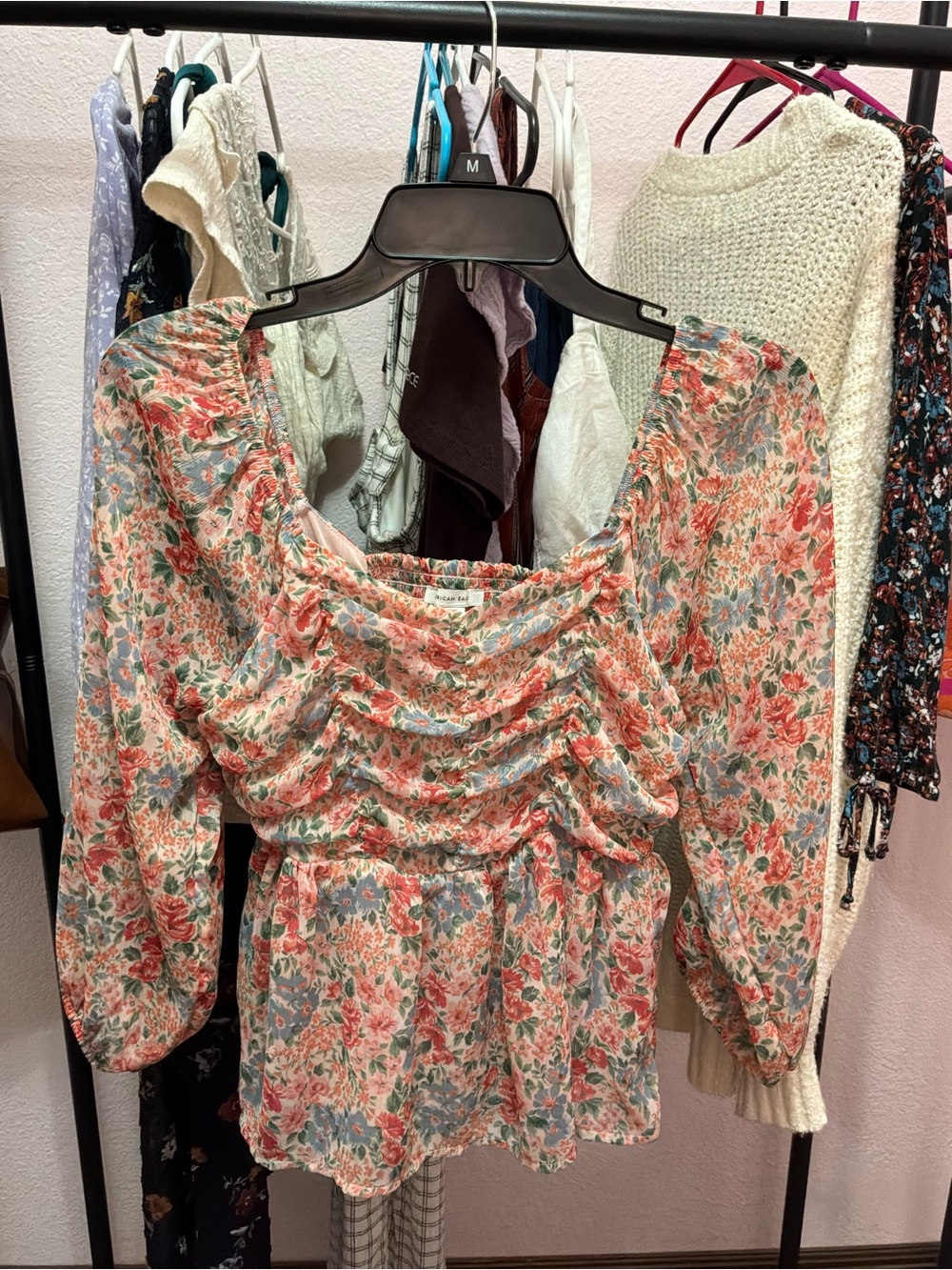 American Eagle Outfitters Floral Smocked Blouse - Coral, Green & Blue